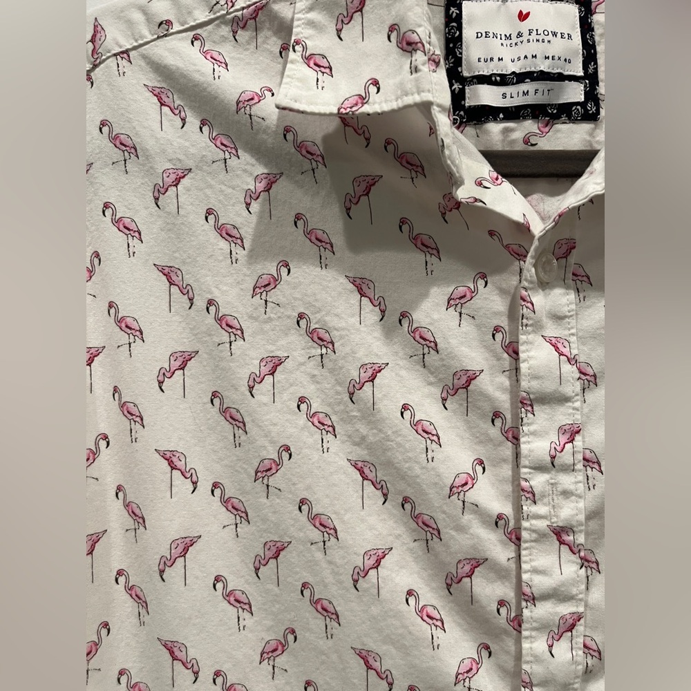 Denim & Flowers Slim Fit Cotton Men's Flamingo Short Sleeve Button Down